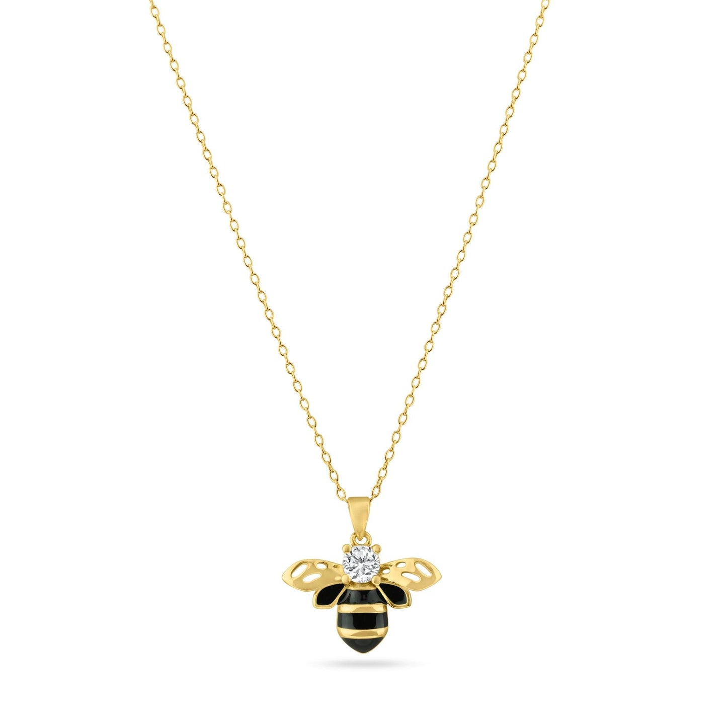 Gold Plated 925 Sterling Silver Clear and Black Enamel Bee Pendant Necklace - BGP01454