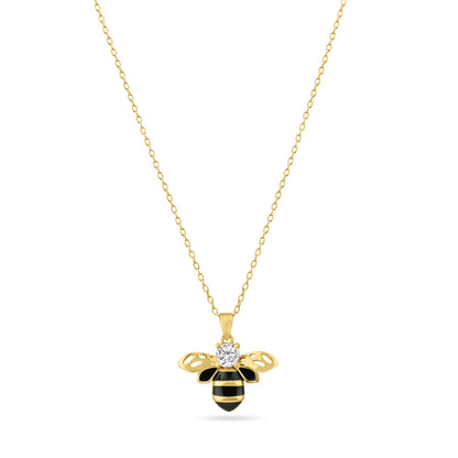 Gold Plated 925 Sterling Silver Clear and Black Enamel Bee Pendant Necklace - BGP01454