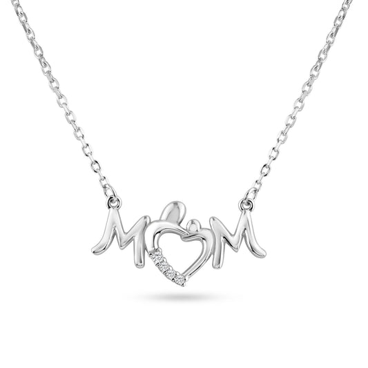Rhodium Plated 925 Sterling Silver Mom Heart Clear CZ Pendant Necklace - BGP01460 | Silver Palace Inc.