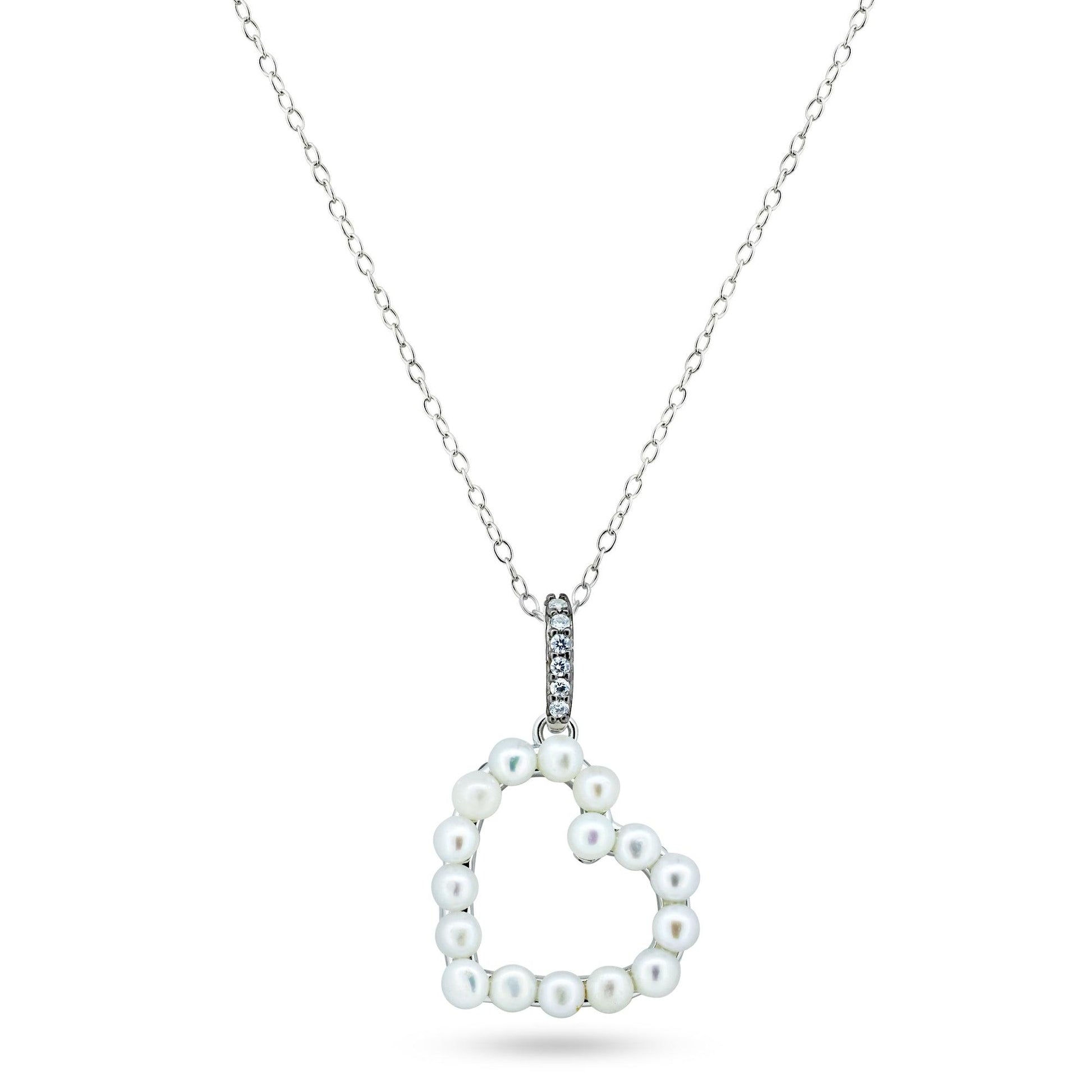 925 Sterling Silver Rhodium Plated Pearl Heart Necklace - BGP01466 | Silver Palace Inc.