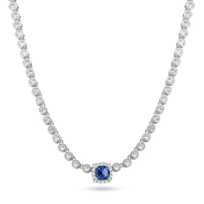 Rhodium Plated 925 Sterling Silver Bubble Tennis CZ Blue Center Stone Necklace - BGP01469BLU