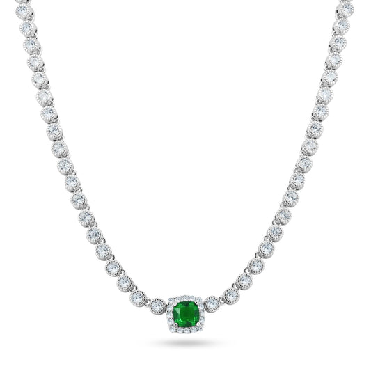 Rhodium Plated 925 Sterling Silver Bubble Tennis CZ Green Center Stone Necklace - BGP01469 | Silver Palace Inc.