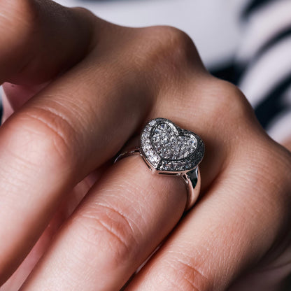 Rhodium Plated 925 Sterling Silver Pave Set Clear CZ Solid Heart Ring - BGR00025