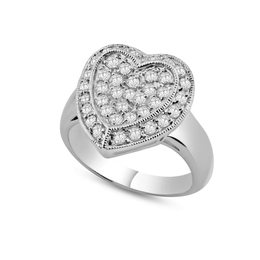 Rhodium Plated 925 Sterling Silver Pave Set Clear CZ Solid Heart Ring - BGR00025 | Silver Palace Inc.
