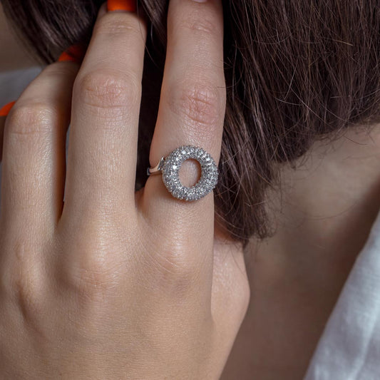 Clearance-925 Sterling Silver Rhodium and CZ Open Circle Ring - BGR00043