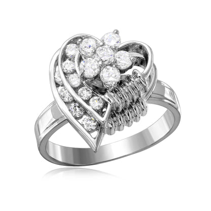 Closeout - Rhodium Plated 925 Sterling Silver Clear Flower 2 Row Hearts Fidgetting Clear CZ Ring - BGR00045