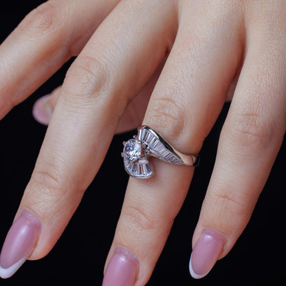 Rhodium Plated 925 Sterling Silver Clear Baguette CZ Wave Ring - BGR00094