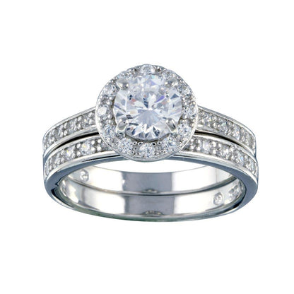Rhodium Plated 925 Sterling Silver Clear CZ Round Bridal Ring Set - BGR00459 | Silver Palace Inc.