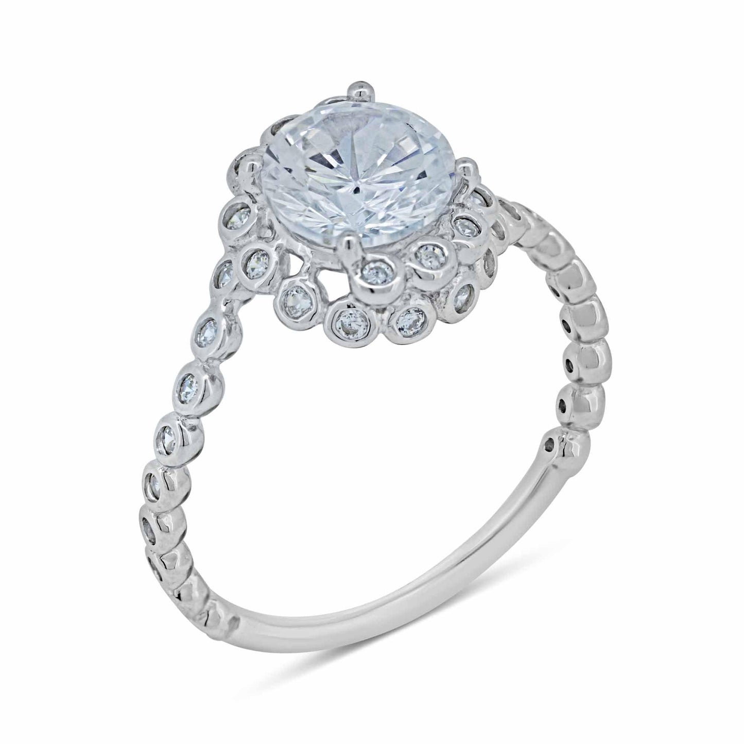 Silver 925 Rhodium Plated Bubble Shank Round Center CZ Ring - BGR01038 | Silver Palace Inc.