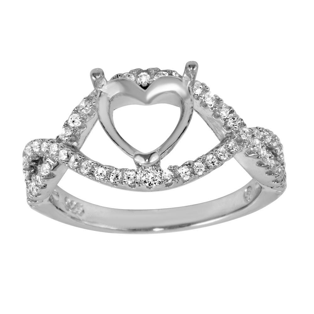 Silver 925 Rhodium Plated Twisted Center Mounting for Heart Stone Ring with CZ - BGR01060 | Silver Palace Inc.