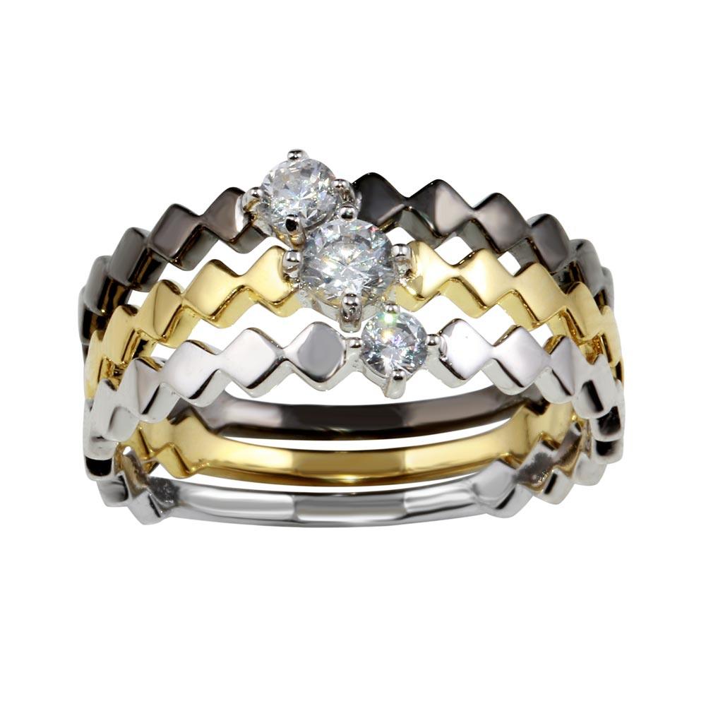 Silver 925 Tri-Color Stackable Ring Set with CZ - BGR01171 | Silver Palace Inc.