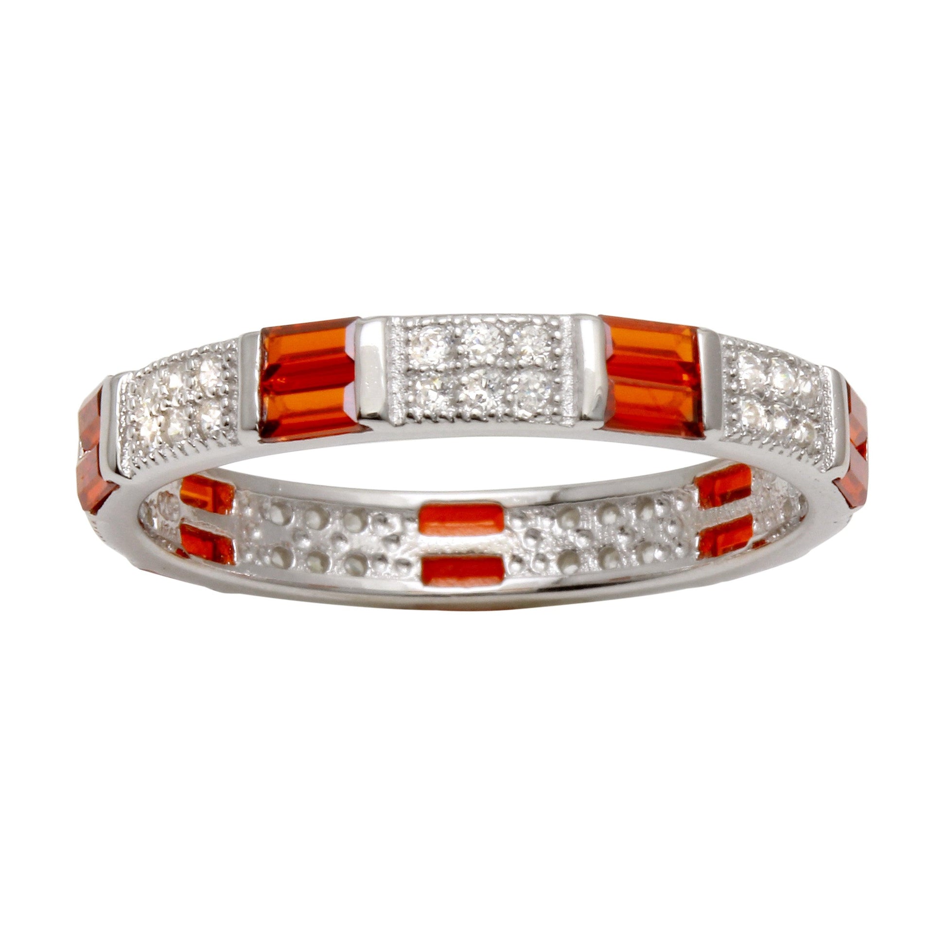 Silver 925 Rhodium Plated Pattern Eternity Ring with Red and Clear CZ - BGR01177RED | Silver Palace Inc.