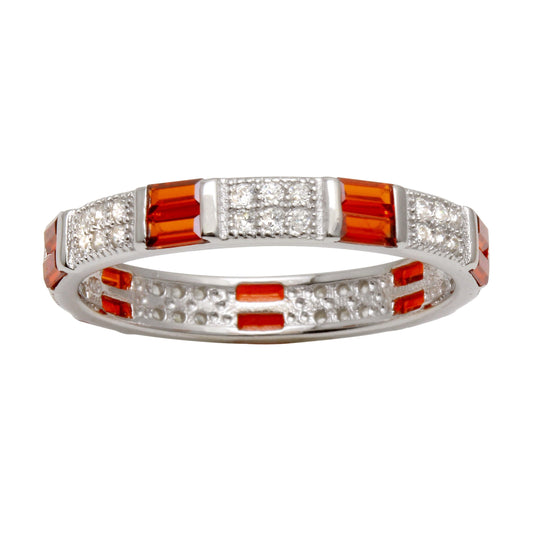 Silver 925 Rhodium Plated Pattern Eternity Ring with Red and Clear CZ - BGR01177RED | Silver Palace Inc.