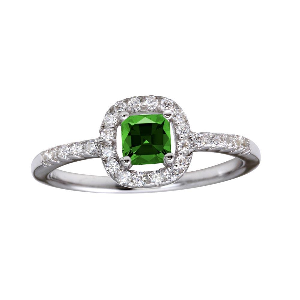 Silver 925 Rhodium Plated Square Clear and Green CZ Center Stone Ring - BGR01222GRN | Silver Palace Inc.