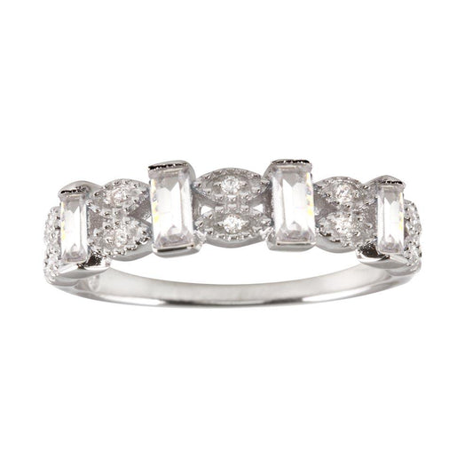 Silver 925 Rhodium Plated Clear Bar CZ Link Ring - BGR01223CLR | Silver Palace Inc.