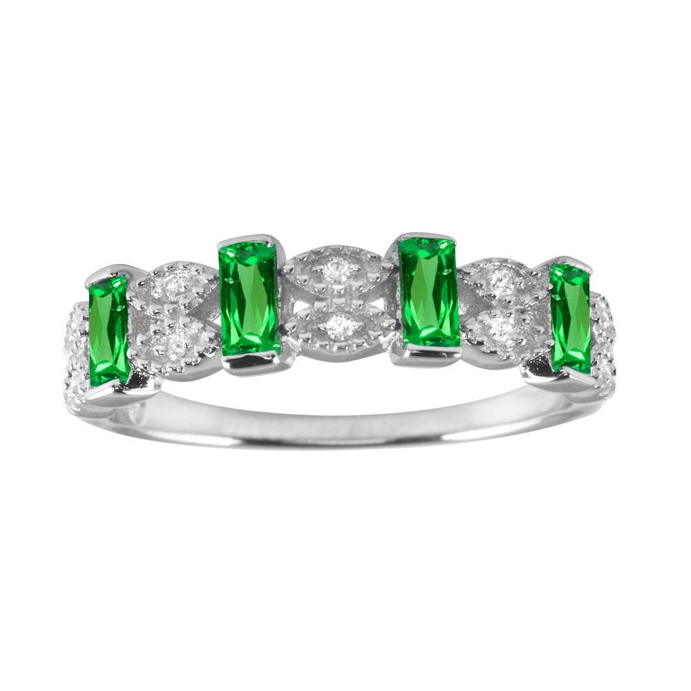 Silver 925 Rhodium Plated Green Bar CZ Link Ring - BGR01223GRN | Silver Palace Inc.