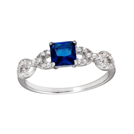 Silver 925 Rhodium Plated Square Blue CZ Center Stone Chain Design Shank Ring - BGR01225BLU | Silver Palace Inc.
