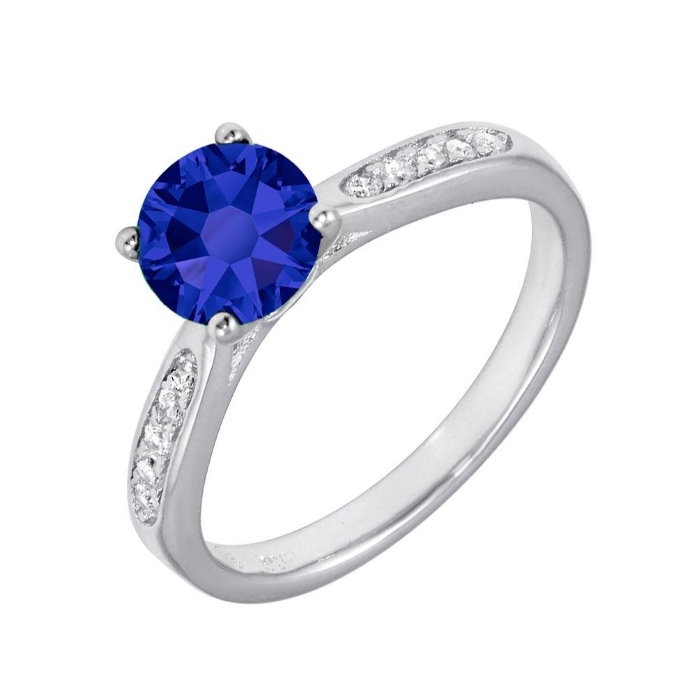 Silver 925 Rhodium Plated Round Blue CZ Center Stone Ring - BGR01231BLU | Silver Palace Inc.