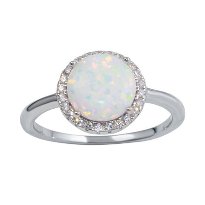 Silver 925 Rhodium Plated Round Opal Stone Ring with CZ - BGR01242 | Silver Palace Inc.