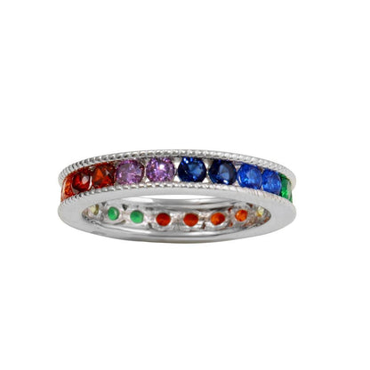 Rhodium Plated 925 Sterling Silver Rainbow CZ Eternity Ring - BGR01244