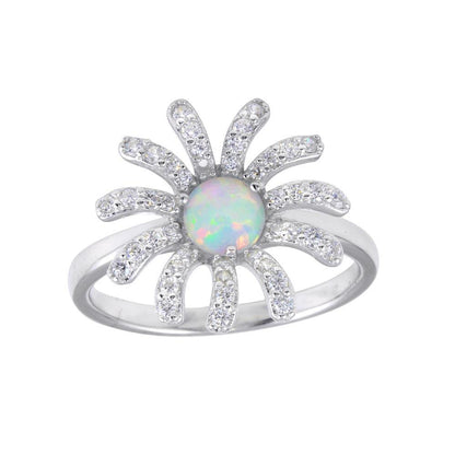 Silver 925 Rhodium Plated Flower Synthetic Opal Center CZ Ring - BGR01259 | Silver Palace Inc.