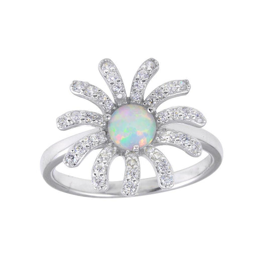 Silver 925 Rhodium Plated Flower Synthetic Opal Center CZ Ring - BGR01259 | Silver Palace Inc.