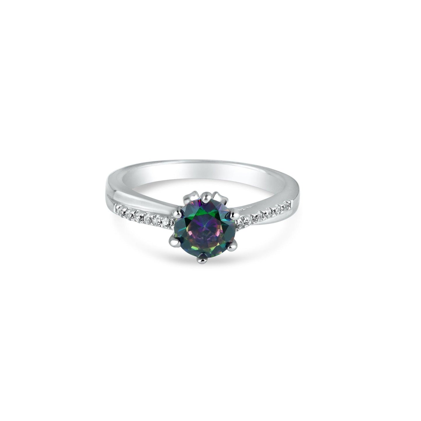 Silver 925 Rhodium Plated Round Mystic Topaz CZ Ring - BGR01264 | Silver Palace Inc.
