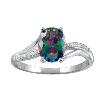 Silver 925 Rhodium Plated Oval Mystic Topaz CZ Ring - BGR01266 | Silver Palace Inc.
