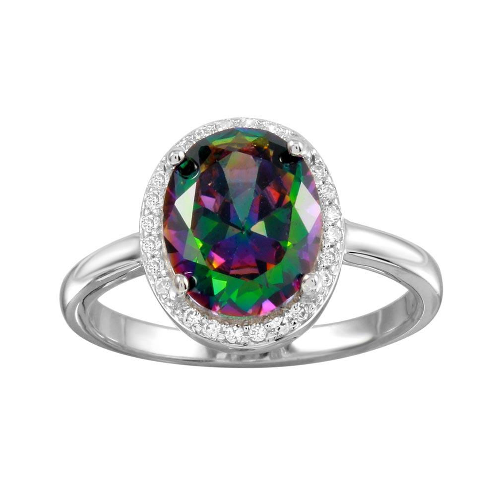 Silver 925 Rhodium Plated Oval Halo Mystic Topaz CZ Ring - BGR01269 | Silver Palace Inc.