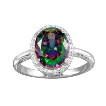 Silver 925 Rhodium Plated Oval Halo Mystic Topaz CZ Ring - BGR01269 | Silver Palace Inc.