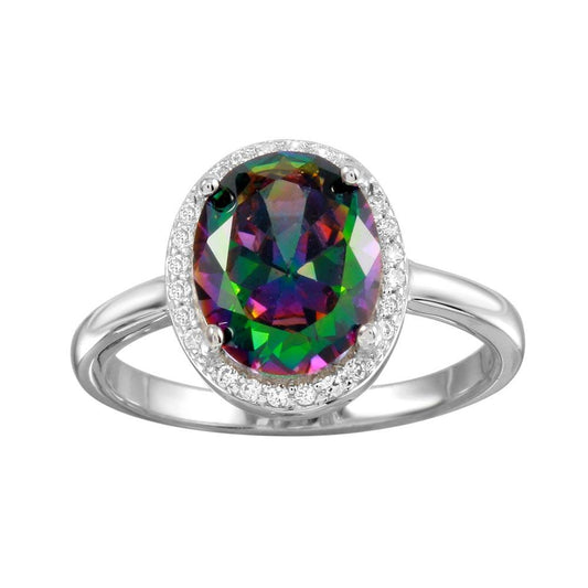 Silver 925 Rhodium Plated Oval Halo Mystic Topaz CZ Ring - BGR01269 | Silver Palace Inc.