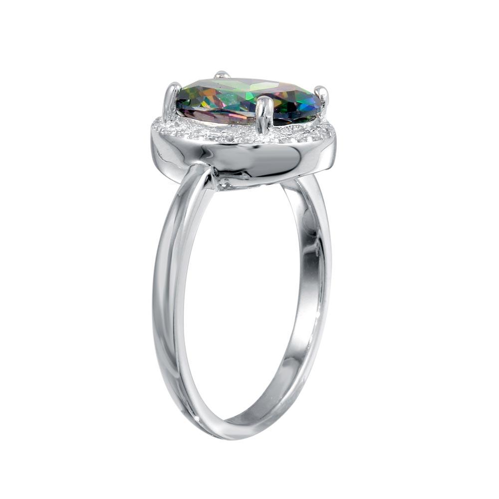 Rhodium Plated 925 Sterling Silver Oval Halo Mystic Topaz CZ Ring - BGR01269
