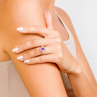 Rhodium Plated 925 Sterling Silver Purple Center Halo CZ Ring - BGR01270