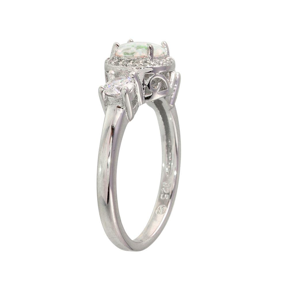 Rhodium Plated 925 Sterling Silver Round Opal Stone Halo CZ Ring - BGR01276