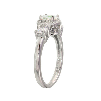 Rhodium Plated 925 Sterling Silver Round Opal Stone Halo CZ Ring - BGR01276