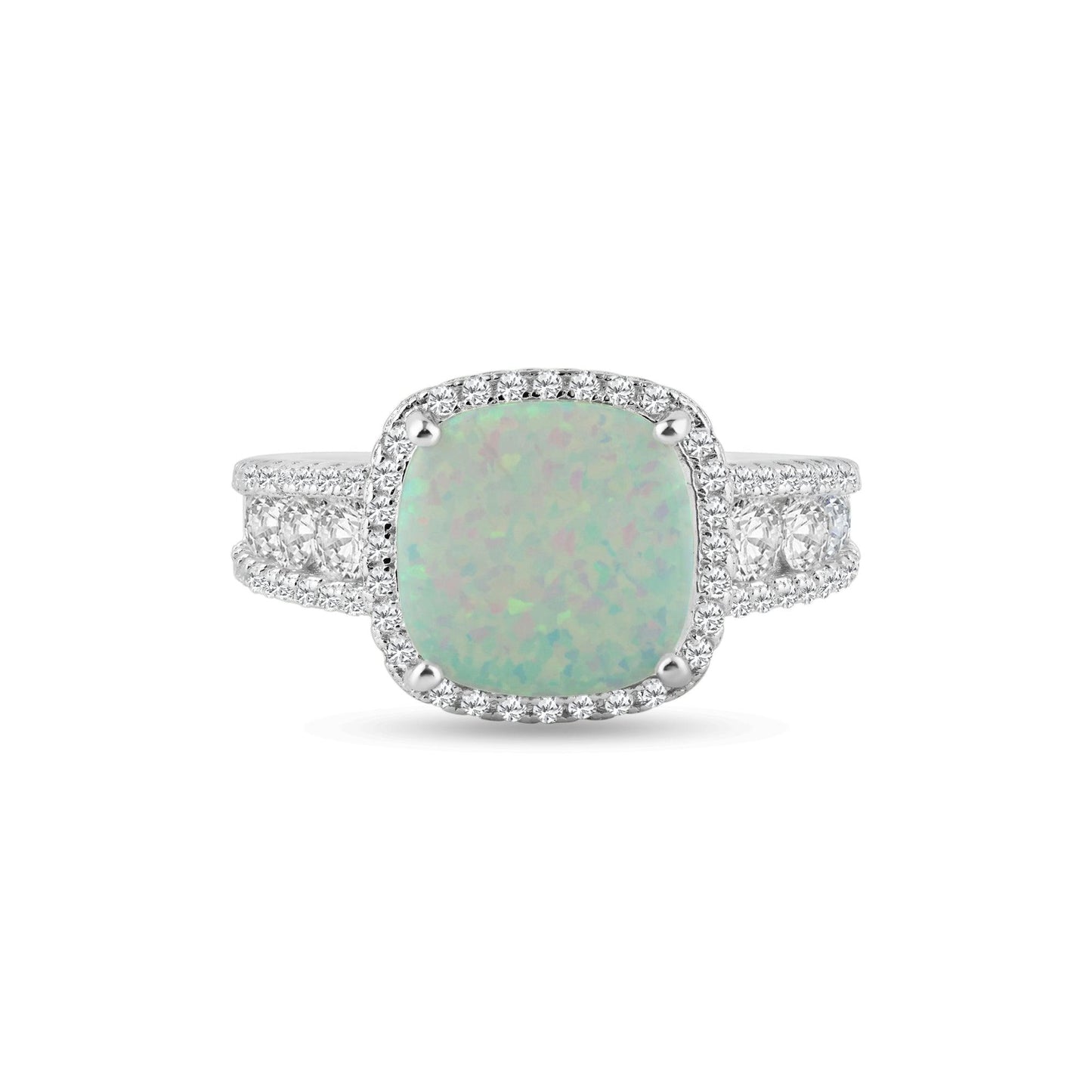 Rhodium Plated 925 Sterling Silver Opal Stone With CZ Ring - BGR01314