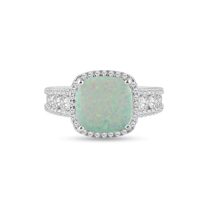 Rhodium Plated 925 Sterling Silver Opal Stone With CZ Ring - BGR01314