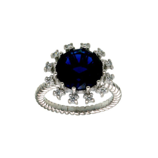 Rhodium Plated 925 Sterling Silver Blue Center Flower CZ Ring with Rope Band - BGR01302BLU | Silver Palace Inc.