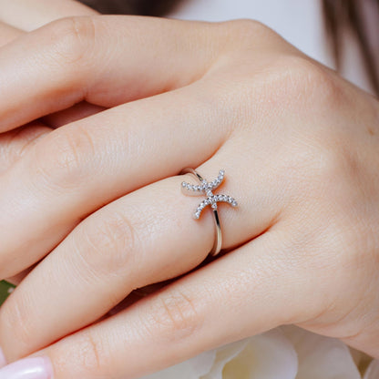 Rhodium Plated 925 Sterling Silver Pisces CZ Zodiac Sign Ring - BGR01320