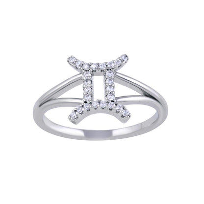 Rhodium Plated 925 Sterling Silver Gemini CZ Zodiac Sign Ring - BGR01323 | Silver Palace Inc.