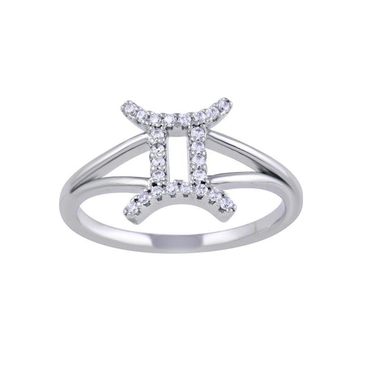 Rhodium Plated 925 Sterling Silver Gemini CZ Zodiac Sign Ring - BGR01323 | Silver Palace Inc.