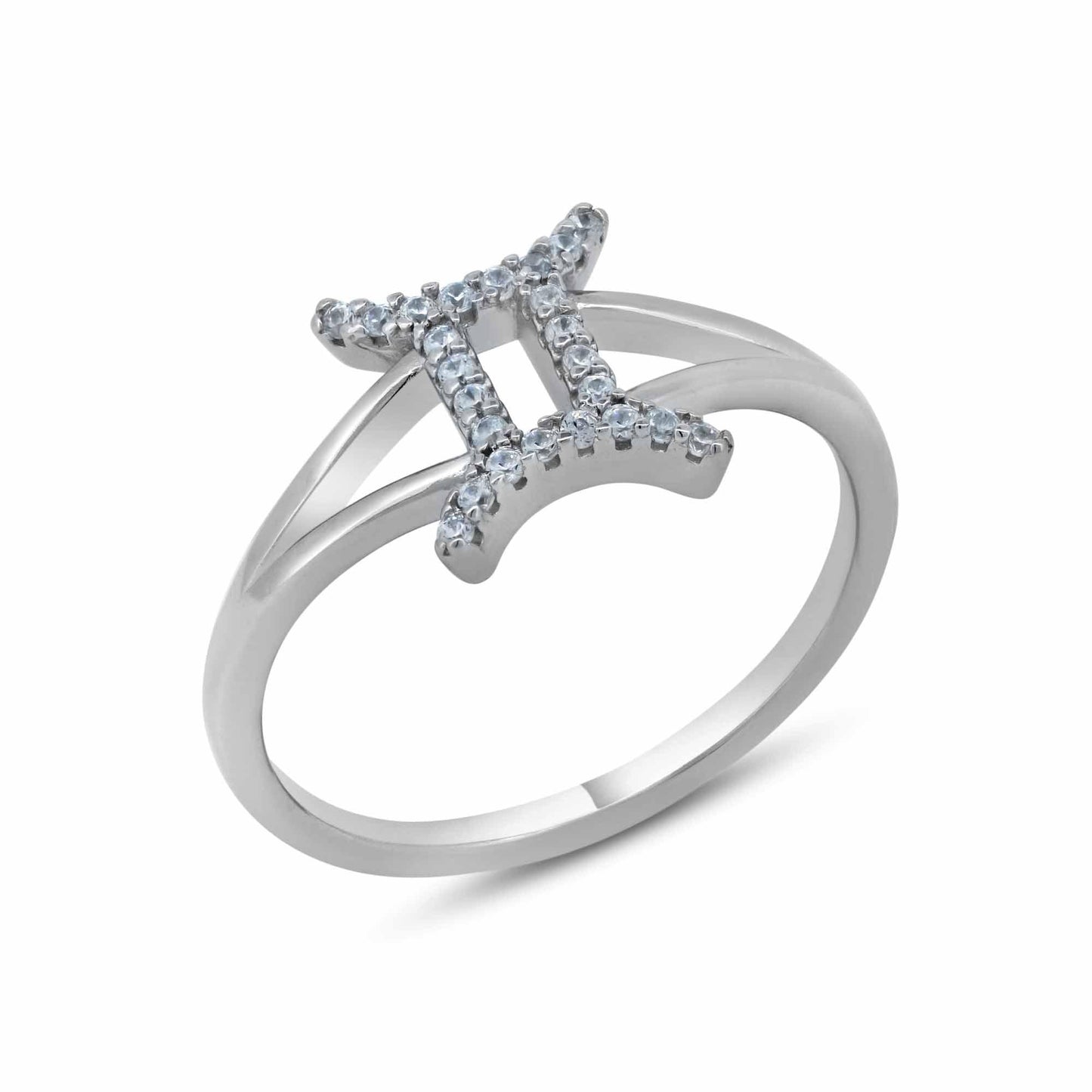 Rhodium Plated 925 Sterling Silver Gemini CZ Zodiac Sign Ring - BGR01323