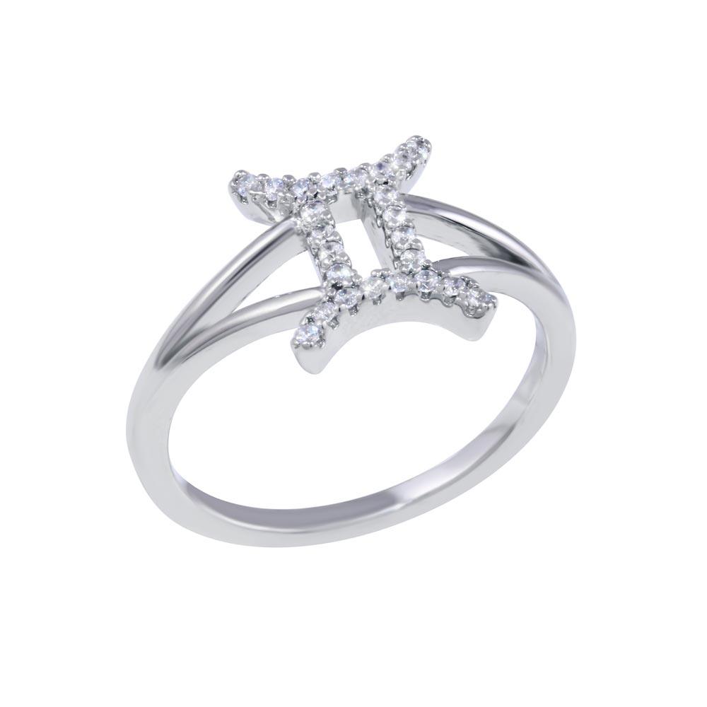 Rhodium Plated 925 Sterling Silver Gemini CZ Zodiac Sign Ring - BGR01323
