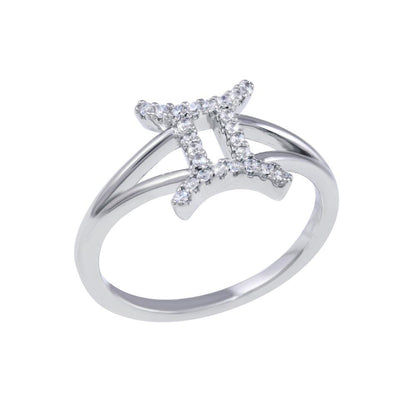 Rhodium Plated 925 Sterling Silver Gemini CZ Zodiac Sign Ring - BGR01323