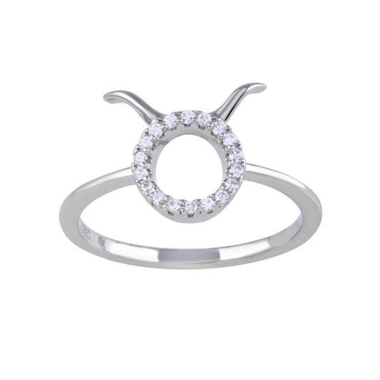 Rhodium Plated 925 Sterling Silver Taurus CZ Zodiac Sign Ring - BGR01325 | Silver Palace Inc.