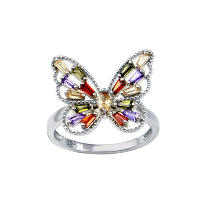 Rhodium Plated 925 Sterling Silver Multi Color Baguette CZ Butterfly Ring - BGR01345 | Silver Palace Inc.