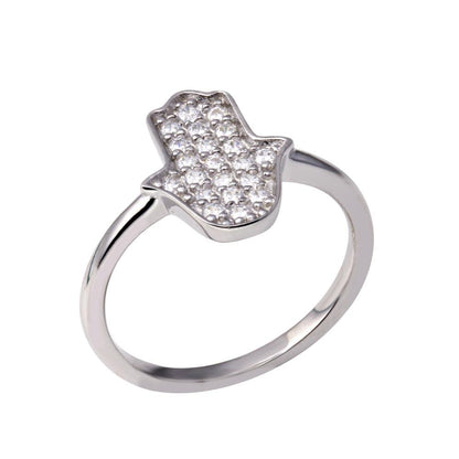 Rhodium Plated 925 Sterling Silver Hamsa Clear CZ Ring - BGR01351