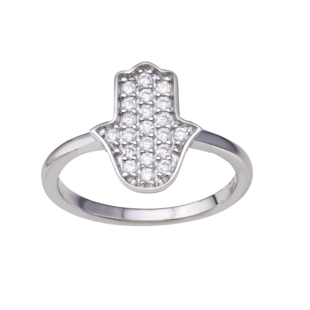 Rhodium Plated 925 Sterling Silver Hamsa Clear CZ Ring - BGR01351 | Silver Palace Inc.