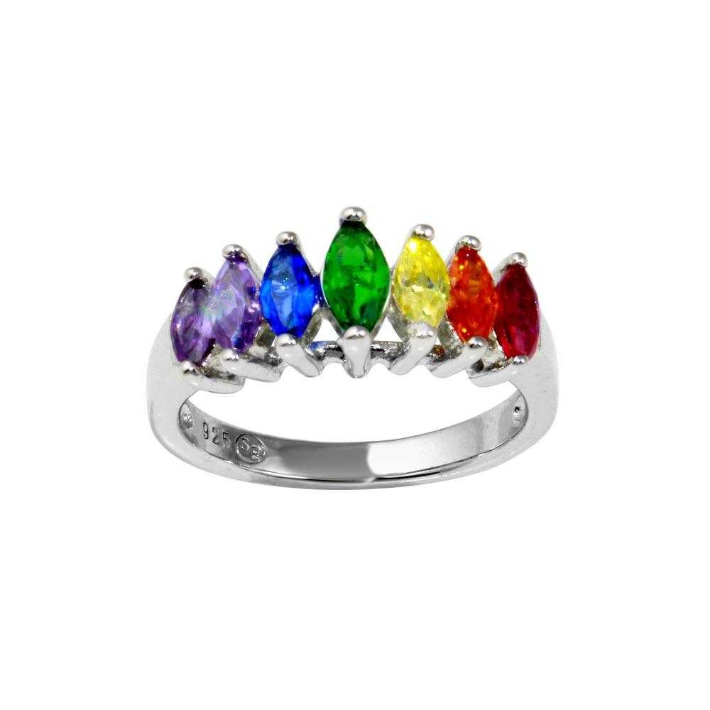 Rhodium Plated 925 Sterling Silver Graduated Multicolor Marquise CZ Ring - BGR01353 | Silver Palace Inc.