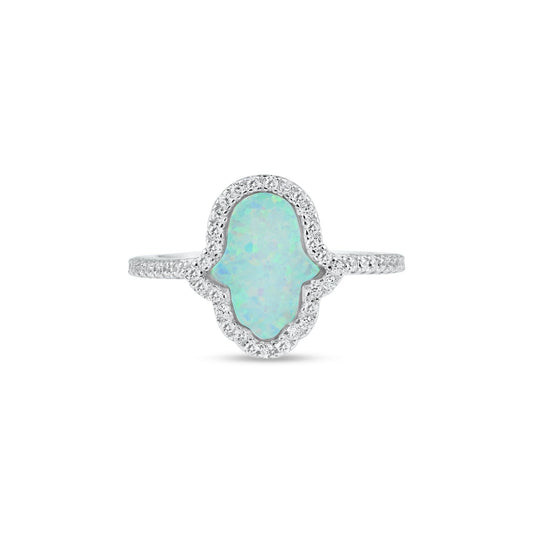 Rhodium Plated 925 Sterling Silver Hamsa Opal CZ Ring - BGR01356 | Silver Palace Inc.